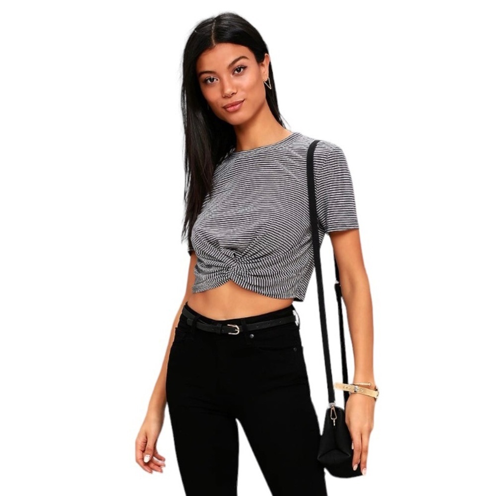 Lulus Grey Striped Crop Top Size Small Short Sleeve